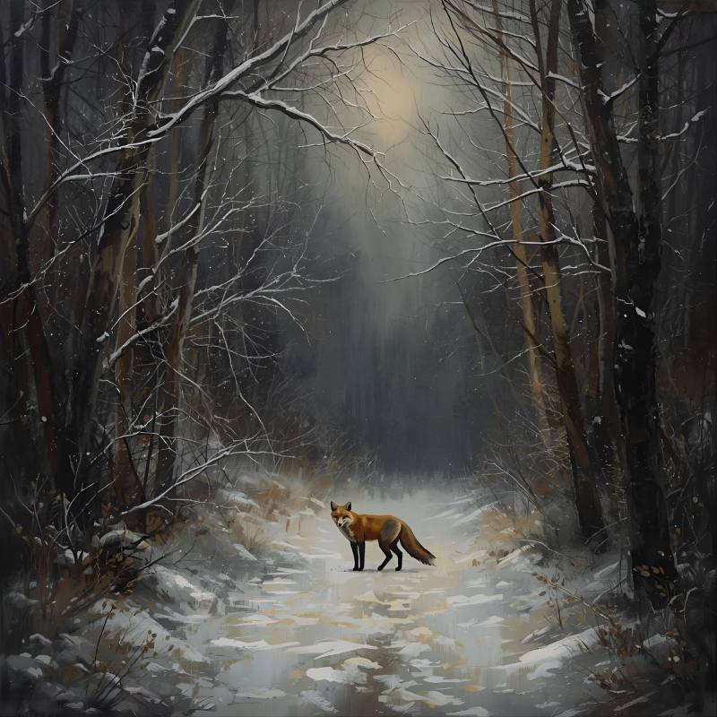 Mysterious fox in snow-covered forest at dusk, winter scene, dark trees and moonlit sky.